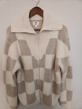 Mode of One Checkerboard Full-Zip Knit Sweater XL Cream Taupe Macy's